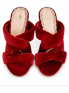 Muse by Marchesa Iris Red Velvet Heels Sz 9 Knotted Slide Sandals Gold Block NWT
